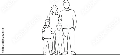 Continuous line art family portrait illustration, parents with children standing together, happy family bonding, parenting love, unity, minimalist drawing design