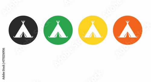 Vibrant circular camping tent and tepee icons set, perfect for outdoor adventure, travel, and nature exploration themes in various colorful button designs