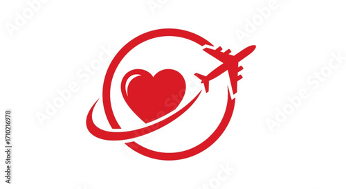Romantic Global Journeys Airplane Circling Heart Symbolizing Love for Travel and Adventure - A Minimalist Icon for Passionate Explorers