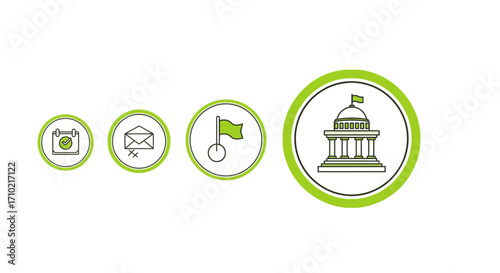 A set of linear icons representing digital government services, official communication, and civic engagement concepts on a white background