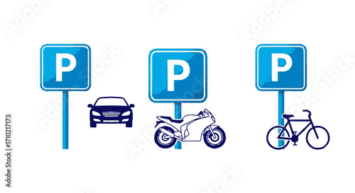 Parking signs for car, motorcycle and bicycle with blue P on white background