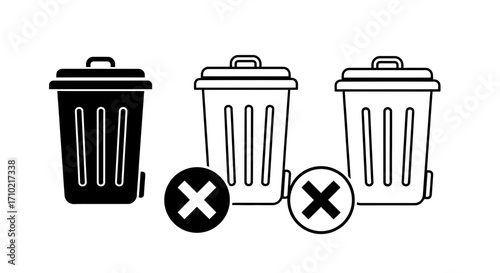 Trash Can Icons Simple Black and White Illustrations with Cross Mark Symbols for Deletion or Error