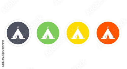 A colorful set of four circular icons featuring a simple white tipi tent, representing camping, outdoor adventure, and travel