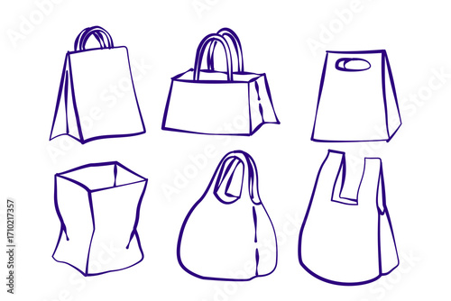 Set of shopping bags. Collection of hand drawn shopping bags in vector with outline style. Shopping bag for groceries, market, mall, store.