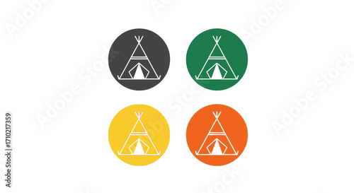 Colorful Teepee Icons A Set of Four Circular Symbols Representing Camping and Outdoor Adventures