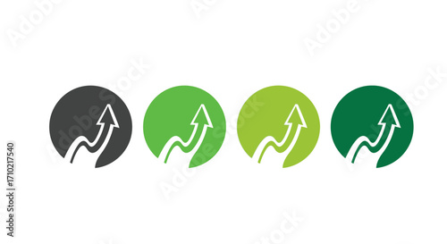 Collection of circular icons with a wavy upward arrow, symbolizing business growth, success, and progress in different color variations