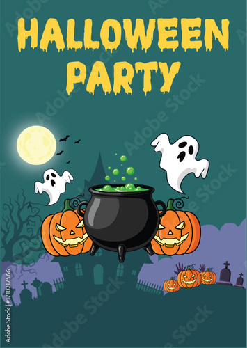 Ghosts float above pumpkins beside cauldron with bubbling potion for a spooky Halloween scene
