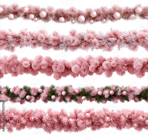 Set of Christmas festive garland with red and pink pine branche isolated on a white background. Fir green branches are decorated. Christmas decor. AI generation