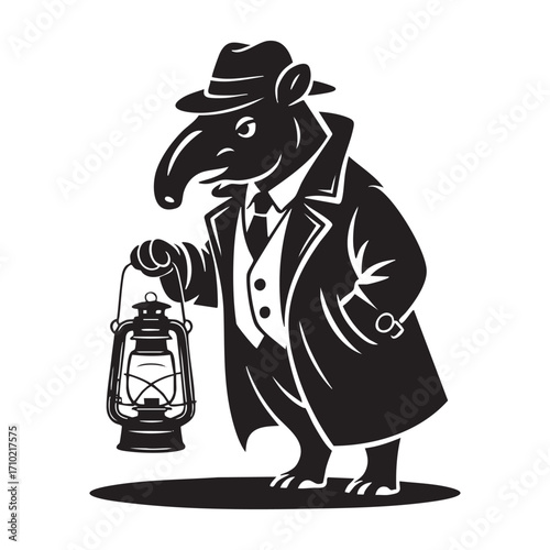 Intriguing Tapir Detective Illustration Holding Lantern in Classic Noir Style Black and White Design