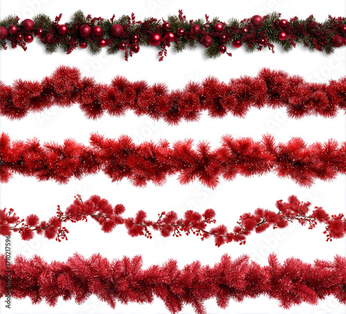Set of Christmas festive garland with red and pink pine branche isolated on a white background. Fir green branches are decorated. Christmas decor. AI generation