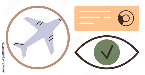 Airplane inside circular border, data chart with pie chart, and eye with green check mark. Ideal for travel, security, data analysis, aviation, confirmation safety surveillance. Simple flat