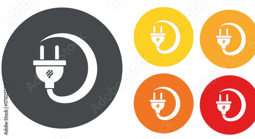 A colorful set of circular electric plug icons representing concepts of power, energy, connection, and technology