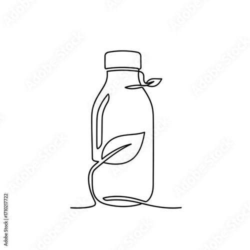 Vector art of minimalist line art of a bottle with leaves, symbolizing ecofriendly and sustainable practices, for versatile use