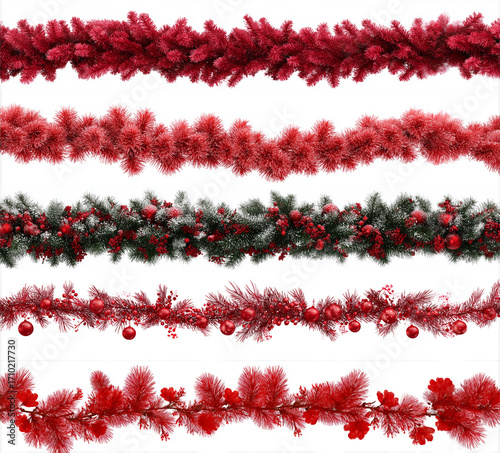 Set of Christmas festive garland with red and pink pine branche isolated on a white background. Fir green branches are decorated. Christmas decor. AI generation