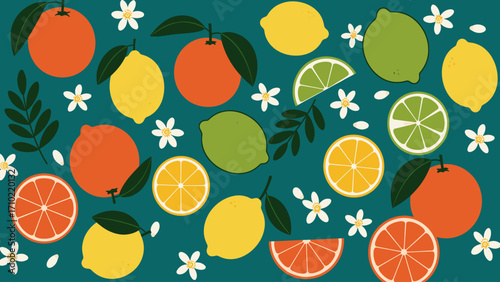 Vibrant Citrus Fruits & Flowers Pattern: Oranges, Lemons, Limes, and Blossoms on Teal Background