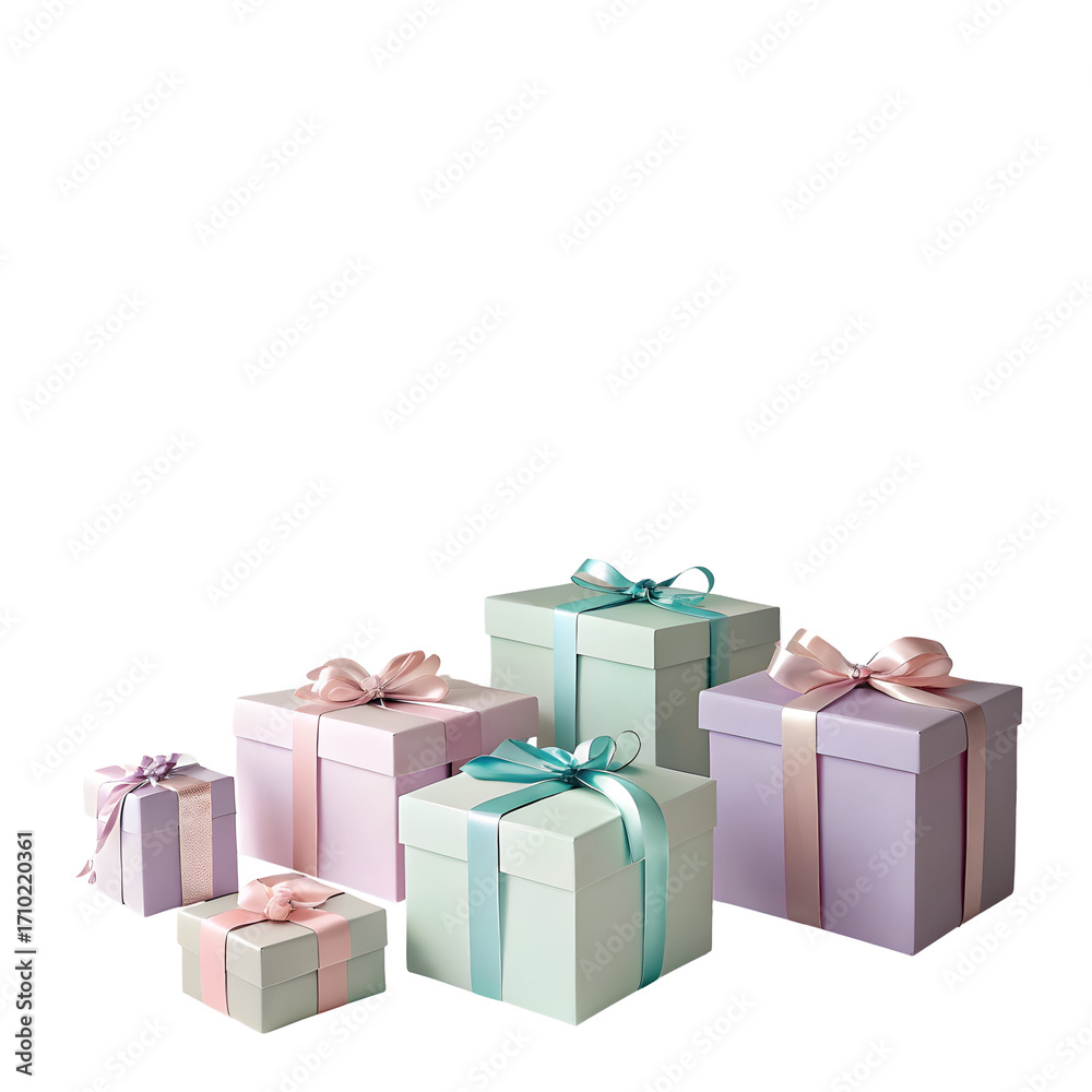Obraz premium Pastel gift boxes with ribbons isolated on transparent background, perfect for holiday or birthday celebration visuals