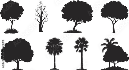 Comprehensive Tree Silhouettes Collection, Featuring a Variety of Species, Including Palm Trees, Ideal for Architectural Plans, Landscapes, and Graphic Design.