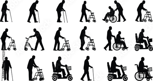 Elderly silhouettes with mobility aids, walking sticks, walkers, wheelchairs, mobility scooters, senior healthcare, disability support, rehabilitation, aging lifestyle icons