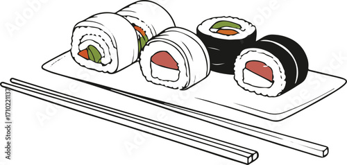 Minimal black line drawing of sushi rolls and chopsticks, clean Japanese food theme 1