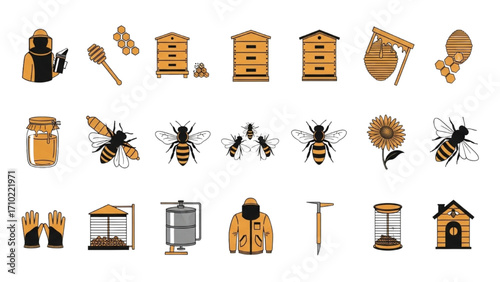 Beekeeping and Honey Production Icon Set, High-Quality Colorful Silhouette Vector Collection of Bees, Hives, Honey, and Apiary Symbols on White Background