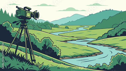 Video camera on tripod overlooking scenic river valley landscape.