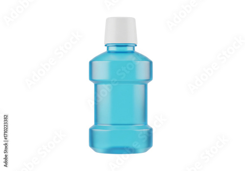 Fresh Blue Oral Rinse Bottle for Dental Hygiene. Generic Plastic Mouthwash Container with White Cap Isolated on White Background.