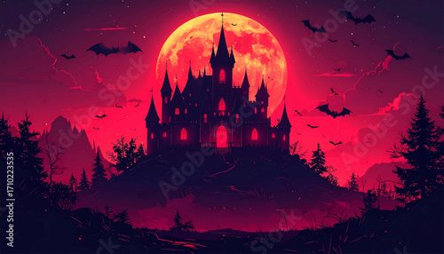 A haunting illustration of a spooky gothic castle on a hill, silhouetted against a giant blood-red moon with bats flying in the night sky