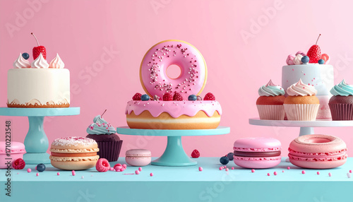 Pink Delight A Sweet Collection of Cakes, Donuts, and Macarons