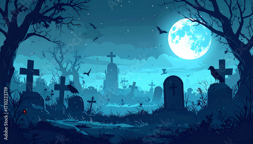 Haunted graveyard under a glowing full moon. A spooky Halloween night landscape with crosses and crows in a retro pixel art style