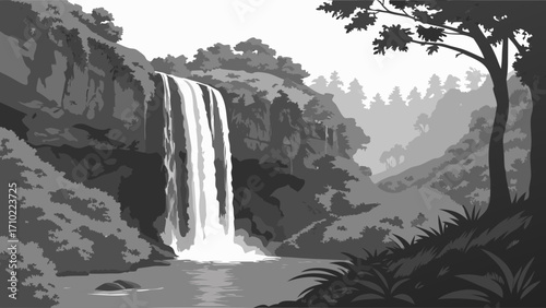 Waterfall in lush forest grayscale nature illustration tranquil scenic background for design.