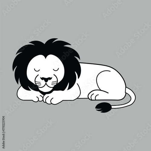 Black and white clipart of a lion lying peacefully with eyes closed