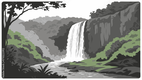 Waterfall in Lush Forest Nature Scene River Rocks Greenery Illustration.