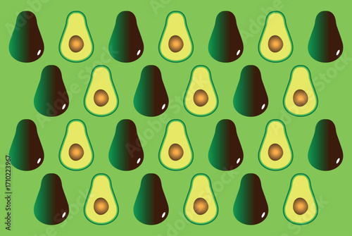 Avocado pattern showing whole and halved fruits on green background