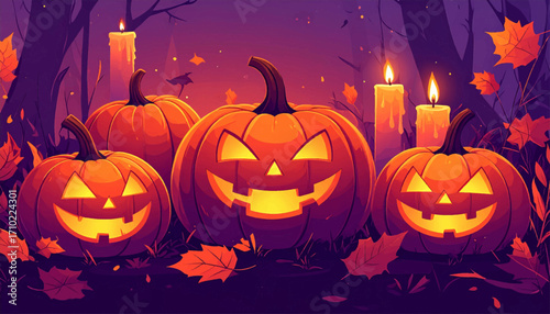 Spooky Jack-o'-Lanterns with Candles and Autumn Leaves - Halloween Night Scene