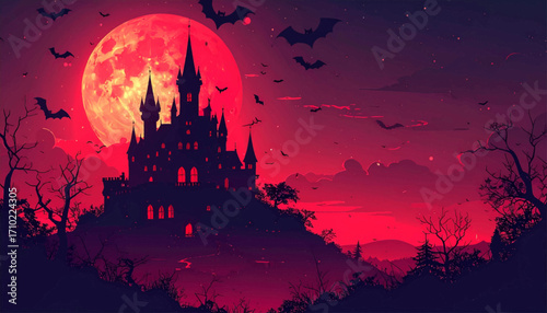 Enchanting Gothic Castle Silhouette Under a Blood-Red Moon with Bats Flying in a Spooky Night Sky