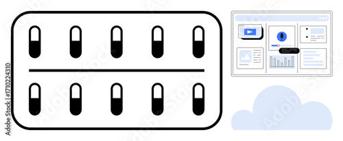 Capsule blister pack and digital dashboard with charts and analytics beside a cloud symbol. Ideal for healthcare, medication tracking, data storage, telemedicine, pharmaceutical management, digital