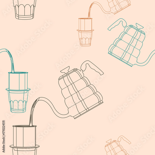 Editable Vector Illustration of Outline Style Pouring Hot Water for Vietnamese Coffee Brewing as Seamless Pattern for Creating Background of Cafe With Vietnamese Culture and Tradition Related Design