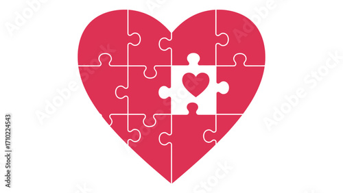 Pink heart puzzle with a white heart in the center isolated on white background