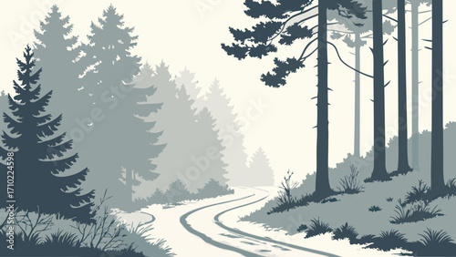 Winter Forest Road Snowy Path Winding Through Trees Serene Nature Scene Cold Season Landscape Illustration.