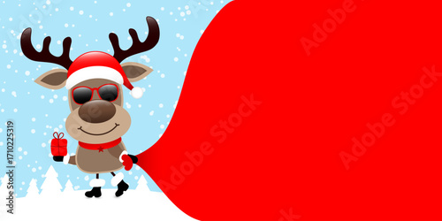 Rentier Sonnenbrille Mit Geschenk Zieht Sack Vorwärts Wald Blau