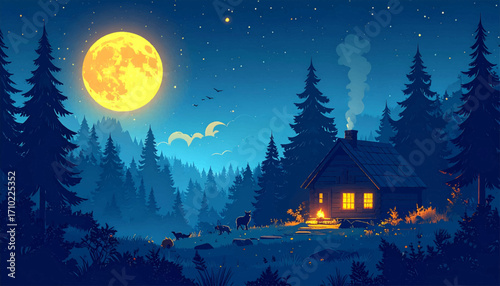A serene full moon illuminates a cozy, glowing cabin nestled deep within a tranquil pine forest, creating a peaceful night scene under a starlit sky