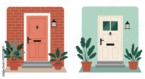 Two charming house entrances with doors plants and exterior details