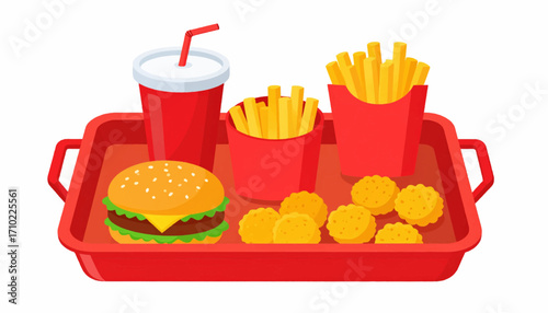 Vector illustration of a classic fast food combo meal with a cheeseburger, french fries, chicken nuggets, and a soft drink on a red tray
