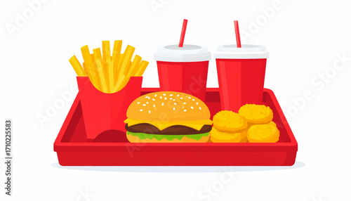 Fast Food Feast A Delicious Array of Burger, Fries, Drinks, and Chicken Nuggets on a Tray