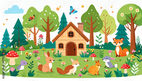 Whimsical Woodland Scene with Animals and Cottage