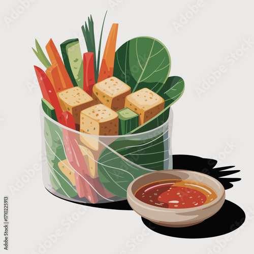 Fresh Vegetable Spring Roll with Tofu and Dipping Sauce Illustration