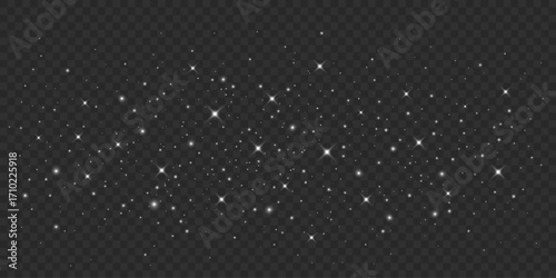 Abstract dynamic particles with glowing stars on a transparent background. Stardust effect for your design. Flying bright lights for holiday or fantasy concept. Vector illustration.