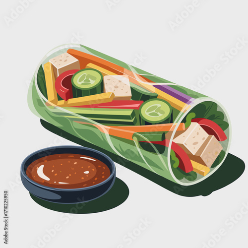 Fresh Vegetable Spring Roll with Tofu and Dipping Sauce Illustration