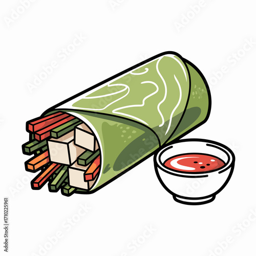 Fresh Vegetable Spring Roll with Tofu and Dipping Sauce Illustration