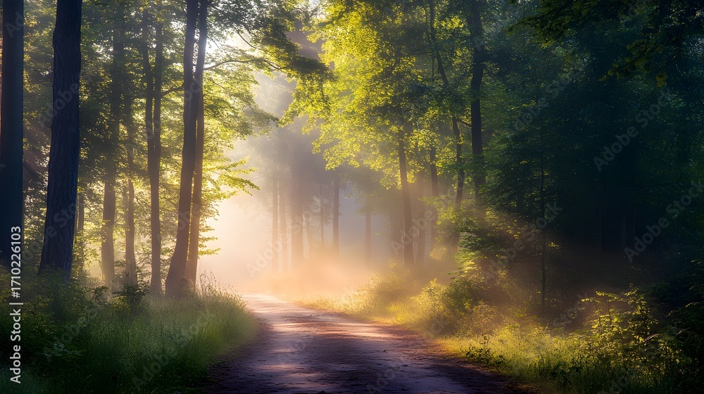 Fototapeta premium Serene forest path illuminated by morning light, surrounded by lush greenery and misty atmosphere